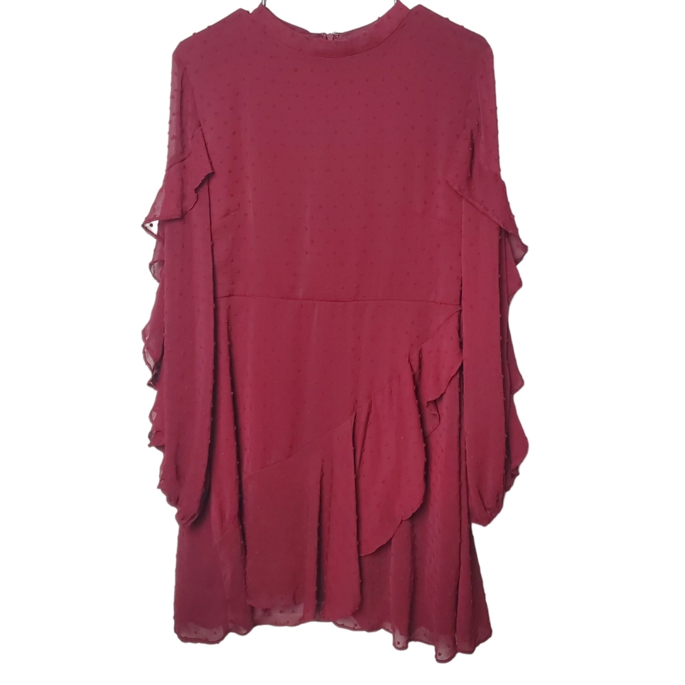 Hyfve | Swiss Dot Long Sleeve Ruffle Lined Dress | Marpon Burgundy Red | L